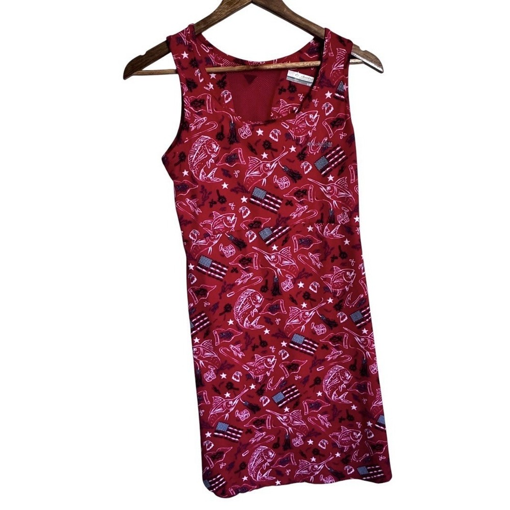 Columbia PFG Midway Bay Red Spark Americana Fish Print Omni Wick Freeze Dress SM